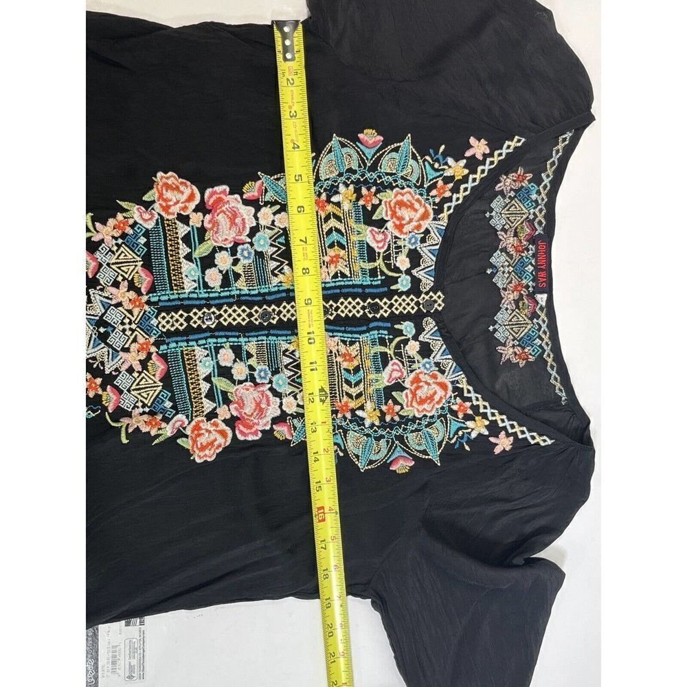 Johnny Was Black Floral Embroidered Tunic Top Small Crinkled Cupra Rayon Boho - Picture 10 of 16